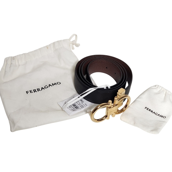 Ferragamo Double Gancini Reversible Leather Black Brown Belt w/ Gold Buckle NEW - Picture 11 of 11